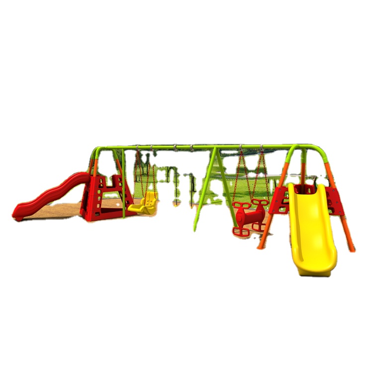 Kids Outdoor Climbing Frame - 屋外用、子供向けの金属製遊具、クライミングフレーム、プラスチック製の滑り台と木製のブランコが付いたセット。