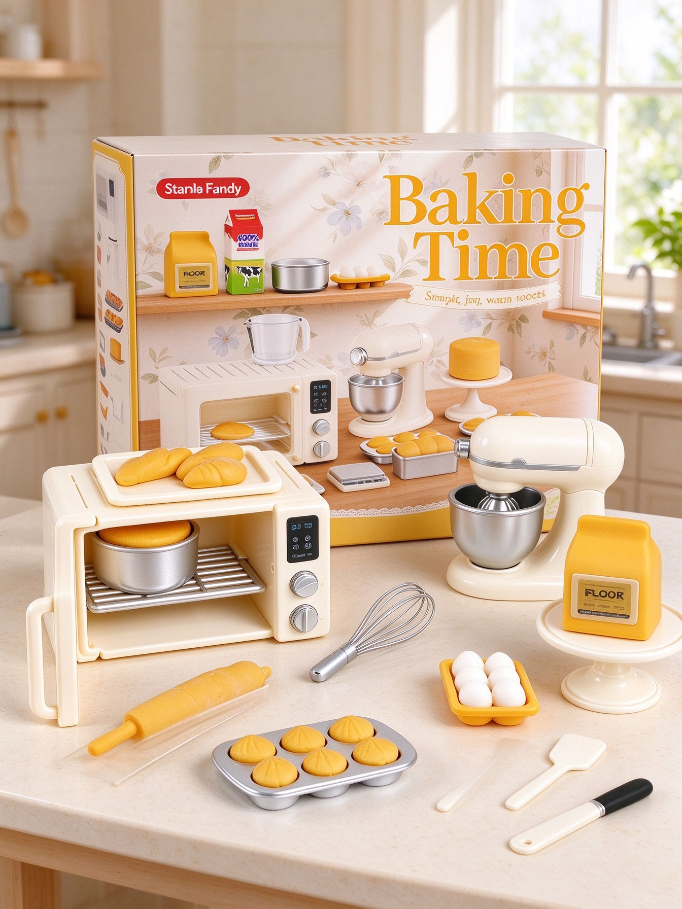 Kids Outdoor Kitchen Accessories - ミニサイズのベーキングおもちゃセット。ドールハウス用のミニチュアオーブンとベーキングアクセサリー。子供向けのシミュレーション食品おもちゃ。